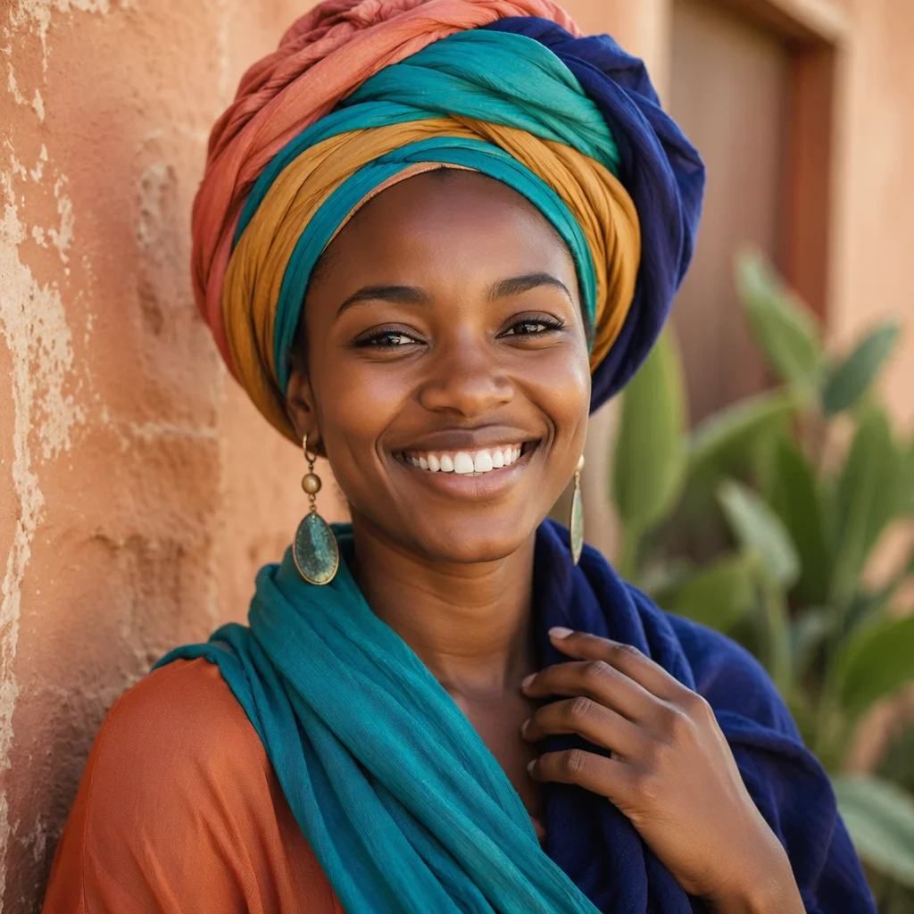 Joyful Woman in Colorful Headwrap Portrait