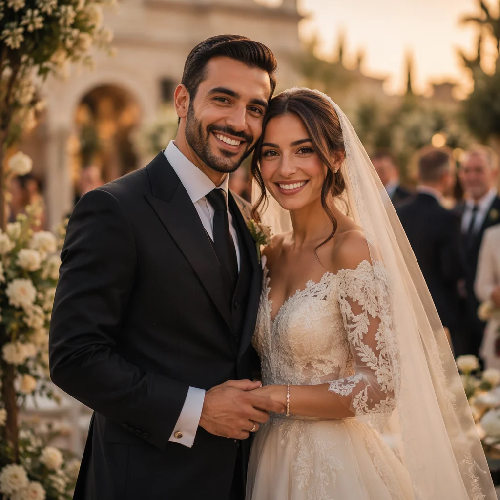 Joyful Arab Newlywed Couple at Golden Hour