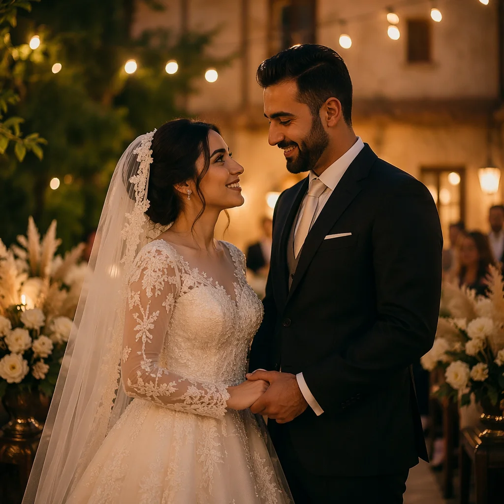 Joyful Arab Wedding Couple at Golden Hour