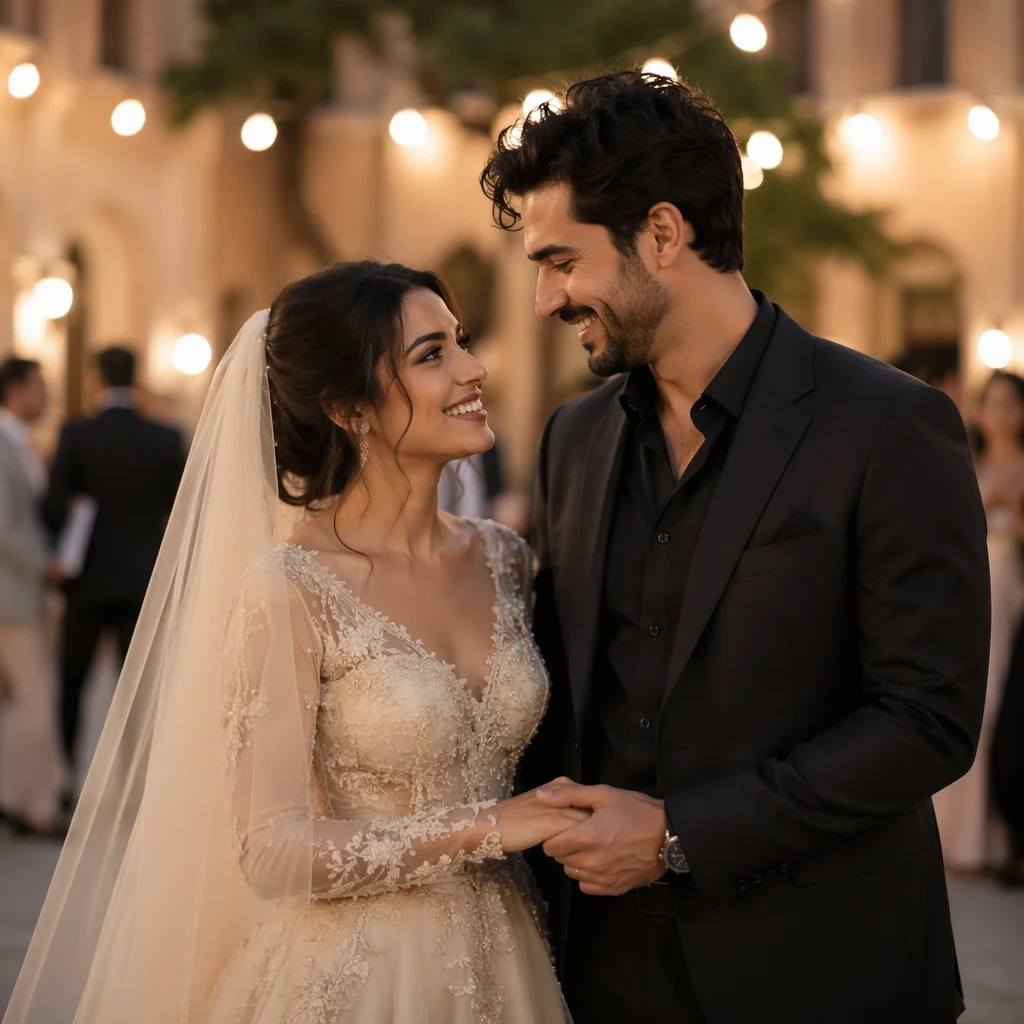 Joyful Arab Newlywed Couple at Golden Hour