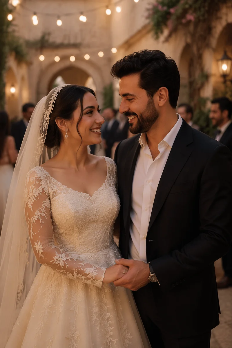 Joyful Arab Newlywed Couple at Golden Hour