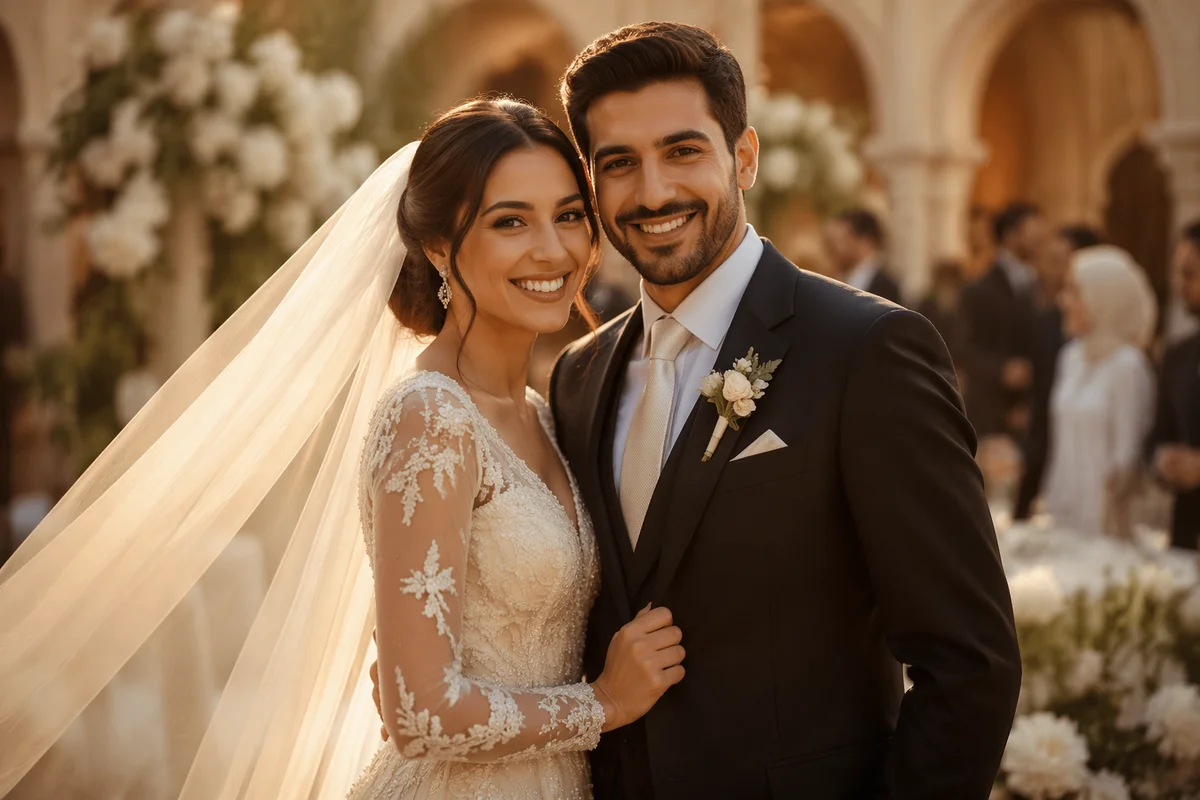 Joyful Arab Newlywed Couple at Golden Hour