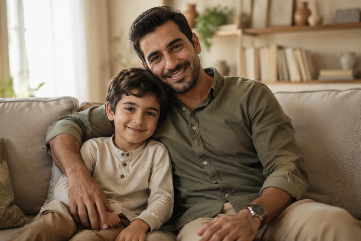 Arab Father and Son on Sofa