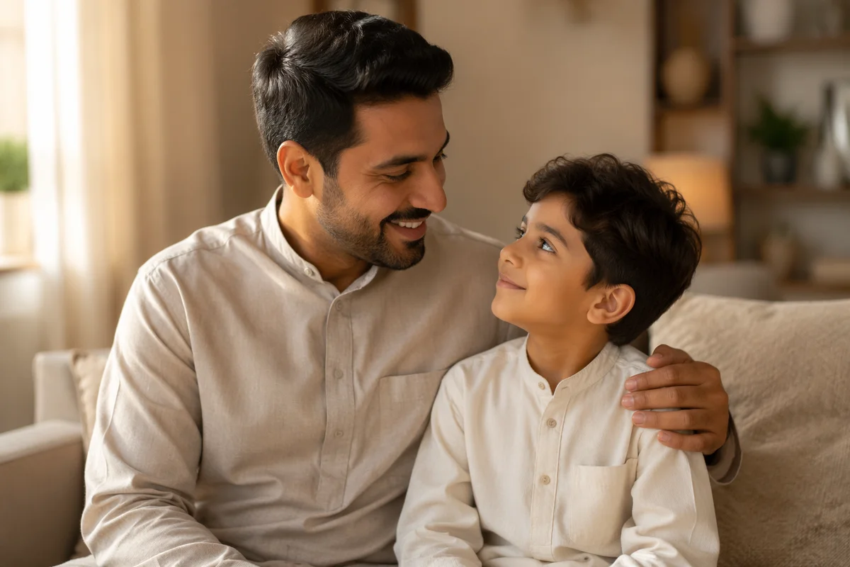 Arab Father and Son on Sofa