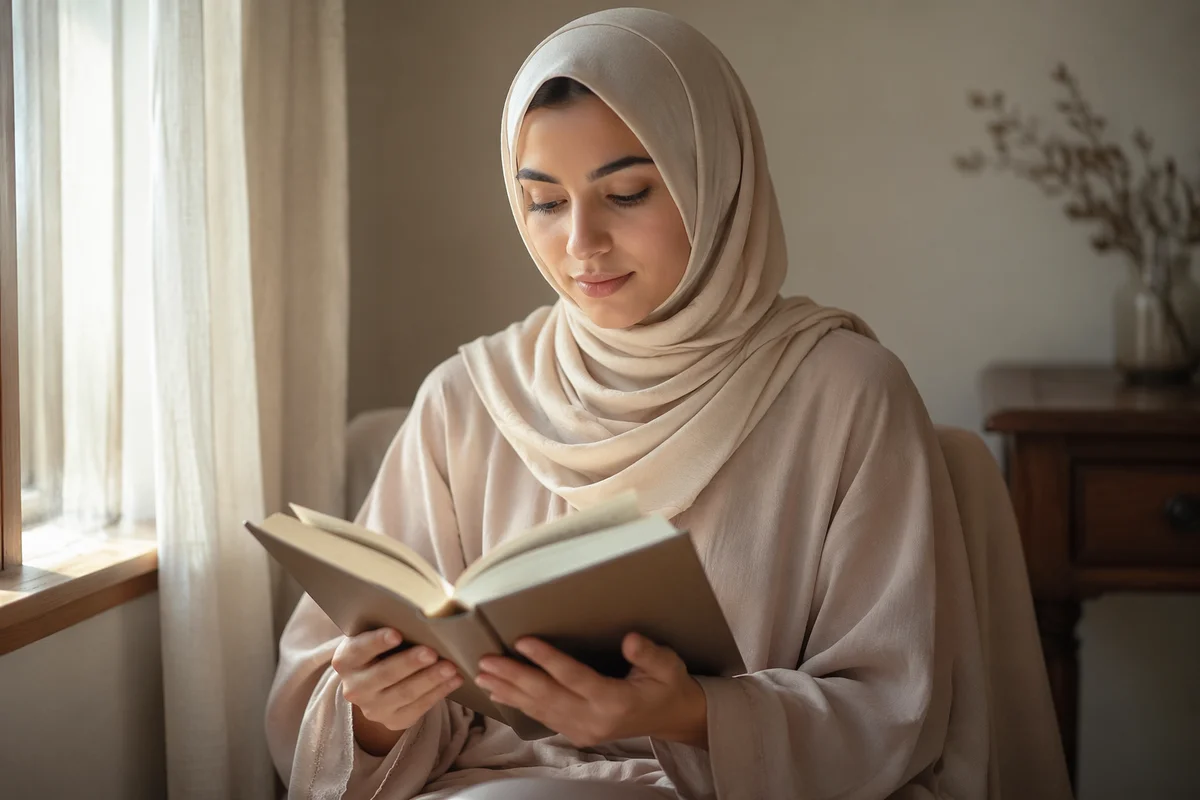 Arab Woman Reading by Sunlit Window
