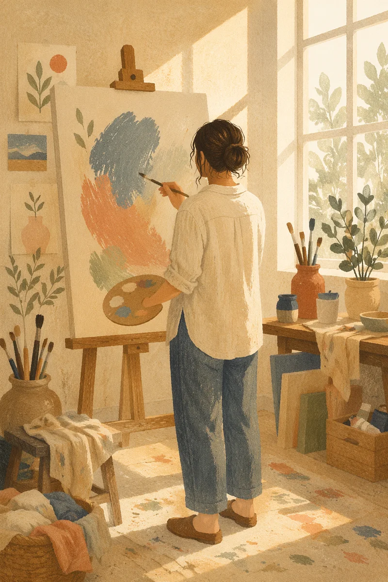 Artist Painting in Sunlit Studio