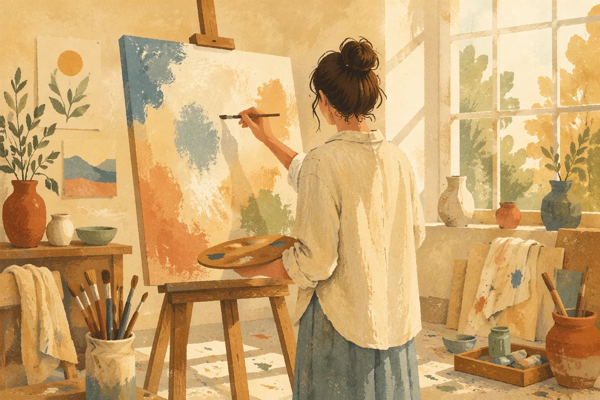 Artist Painting in Sunlit Studio
