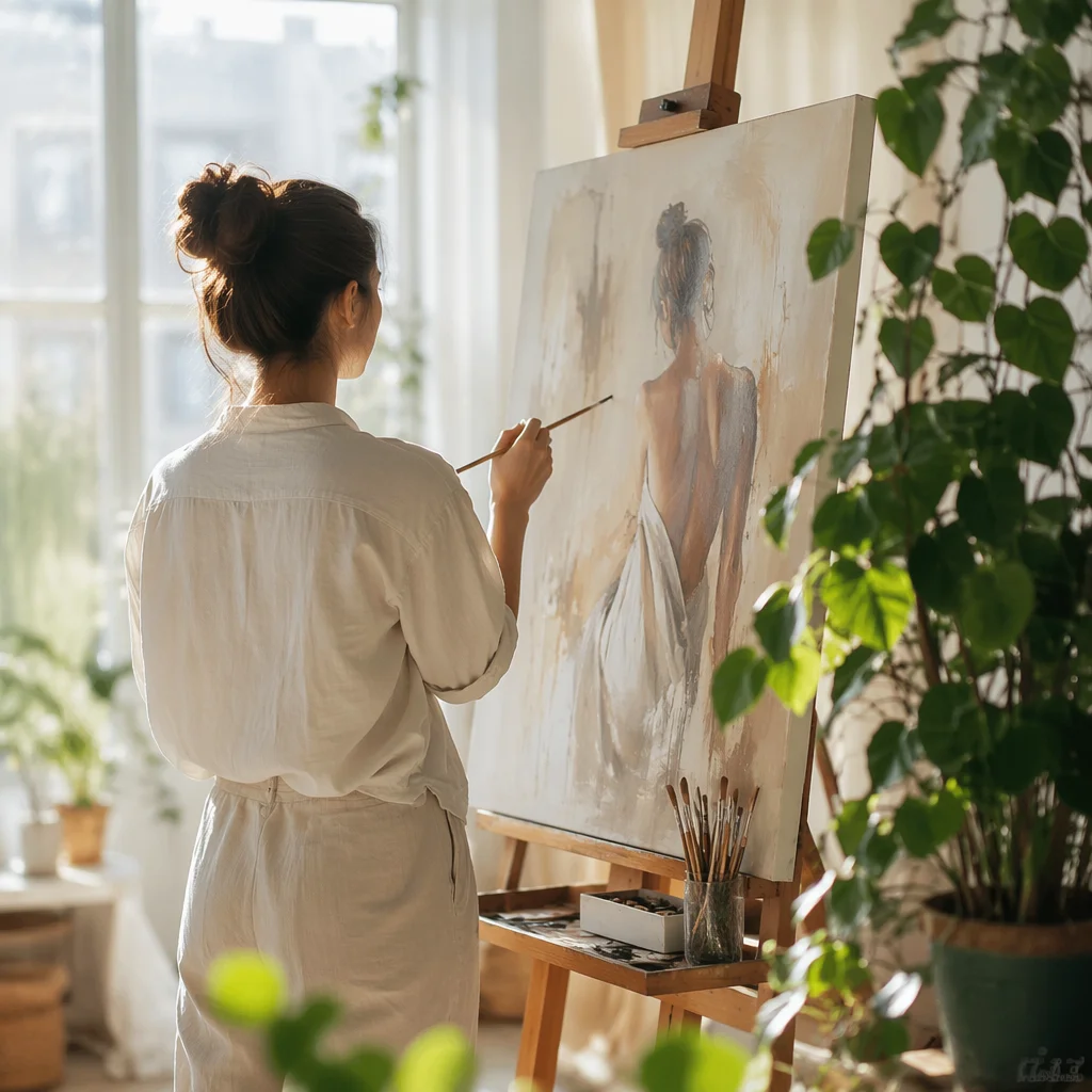 Artist Painting in Sunlit Creative Studio