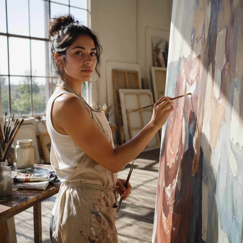 Young Woman Painting in Sunlit Studio