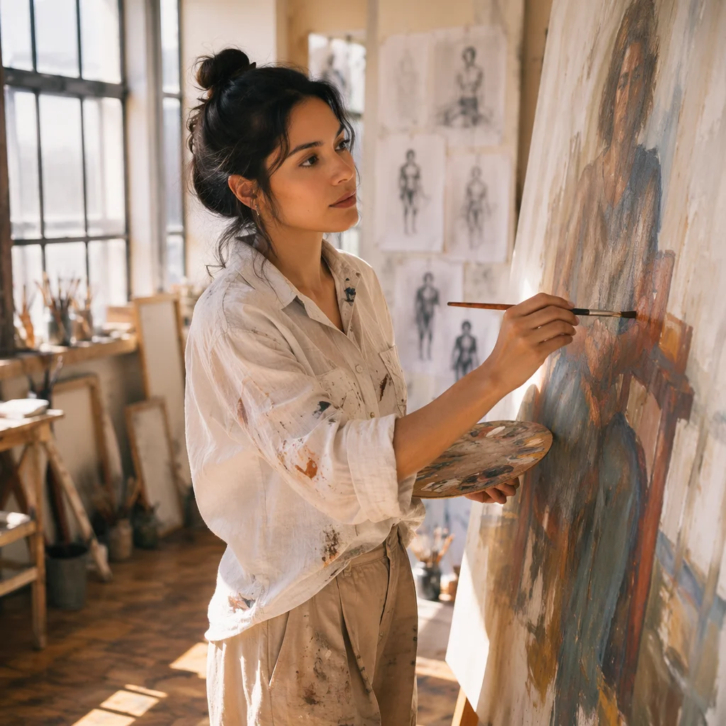 Young Artist Painting in Sunlit Studio