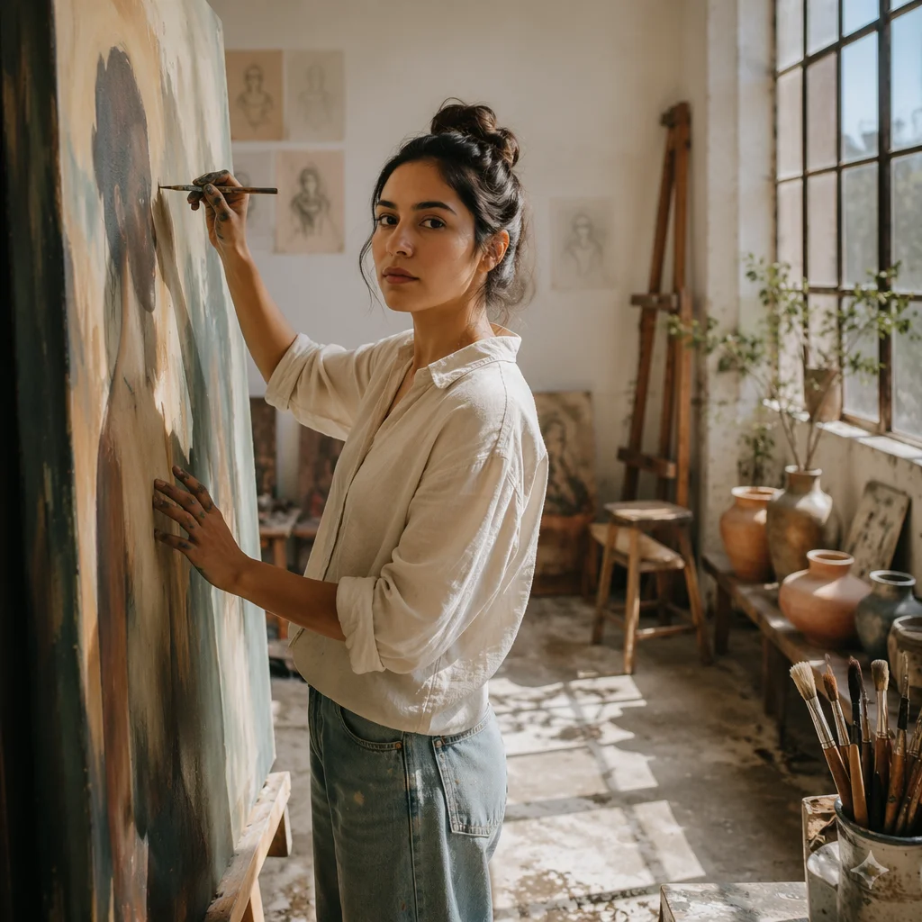 Young Woman Painting in Sunlit Studio