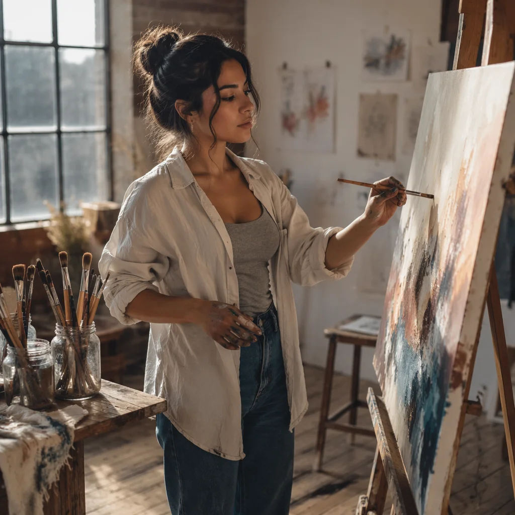 Young Woman Painting in Sunlit Studio