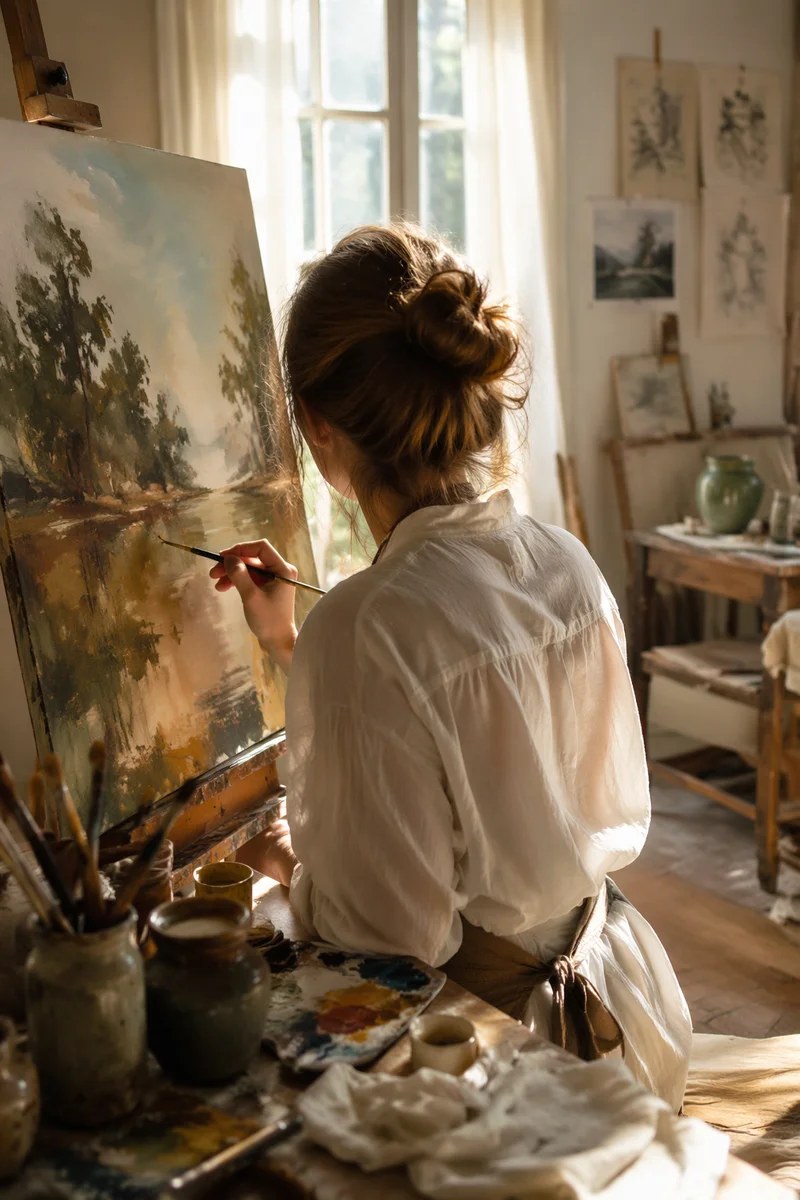 Artist Painting Canvas in Sunlit Studio