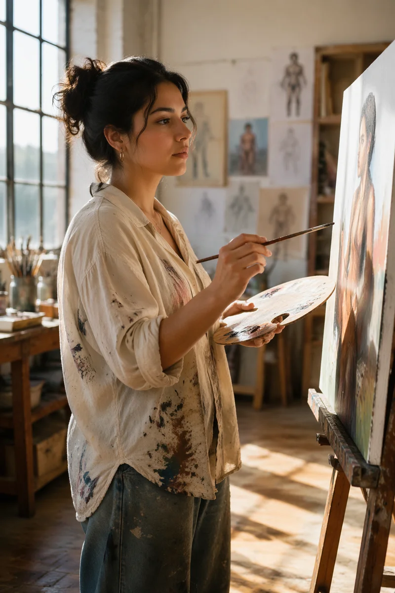 Young Woman Painting in Sunlit Studio