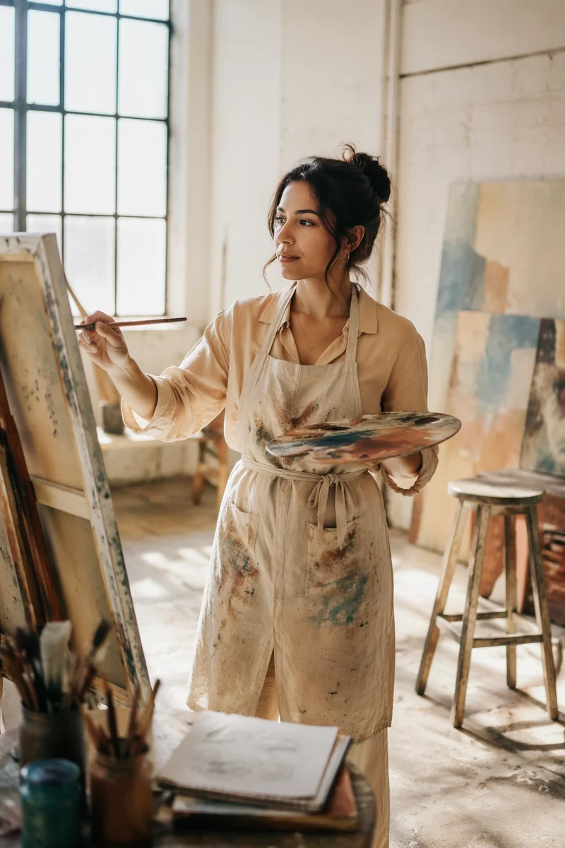 Young Artist Painting in Sunlit Studio