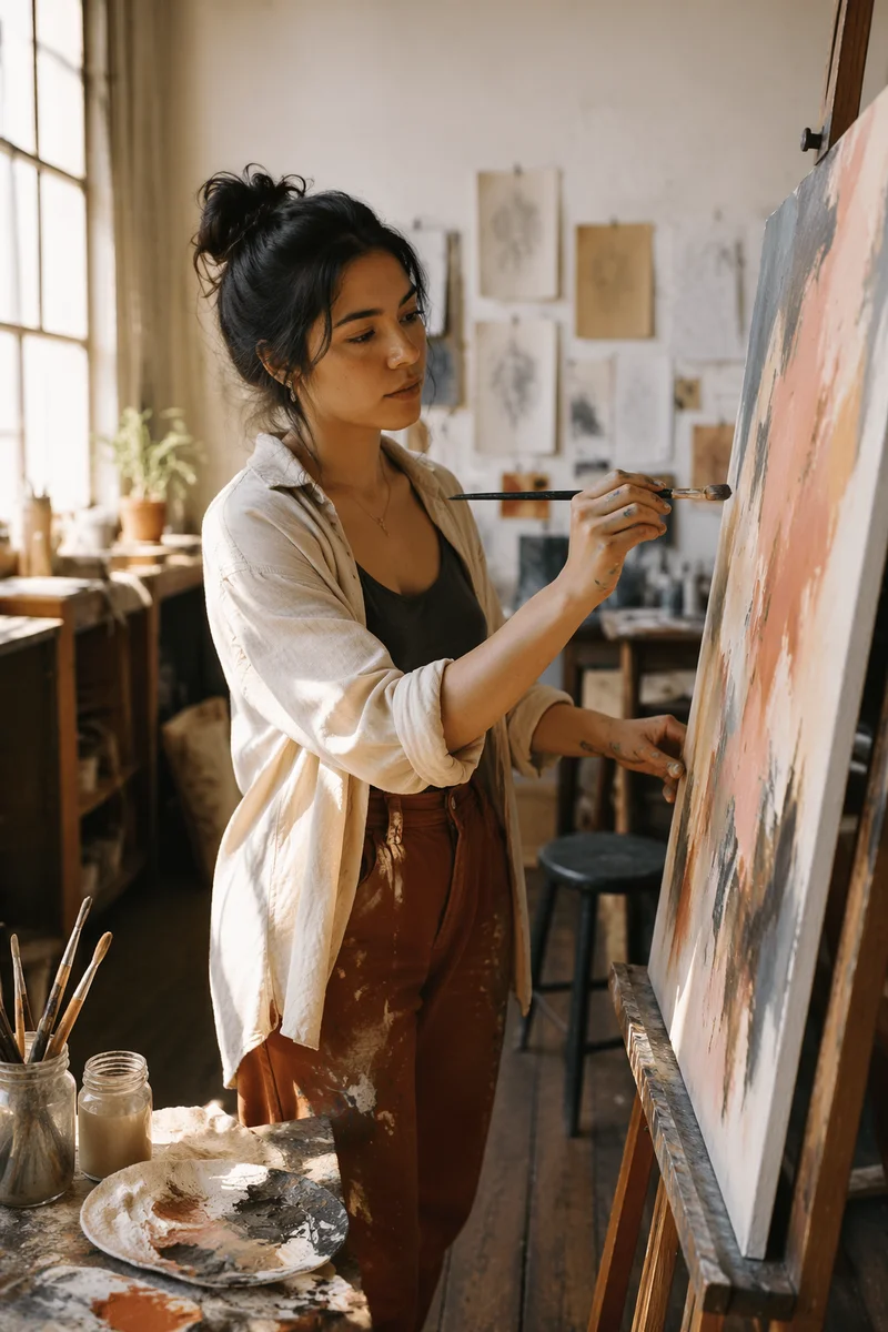 Young Woman Painting in Sunlit Studio