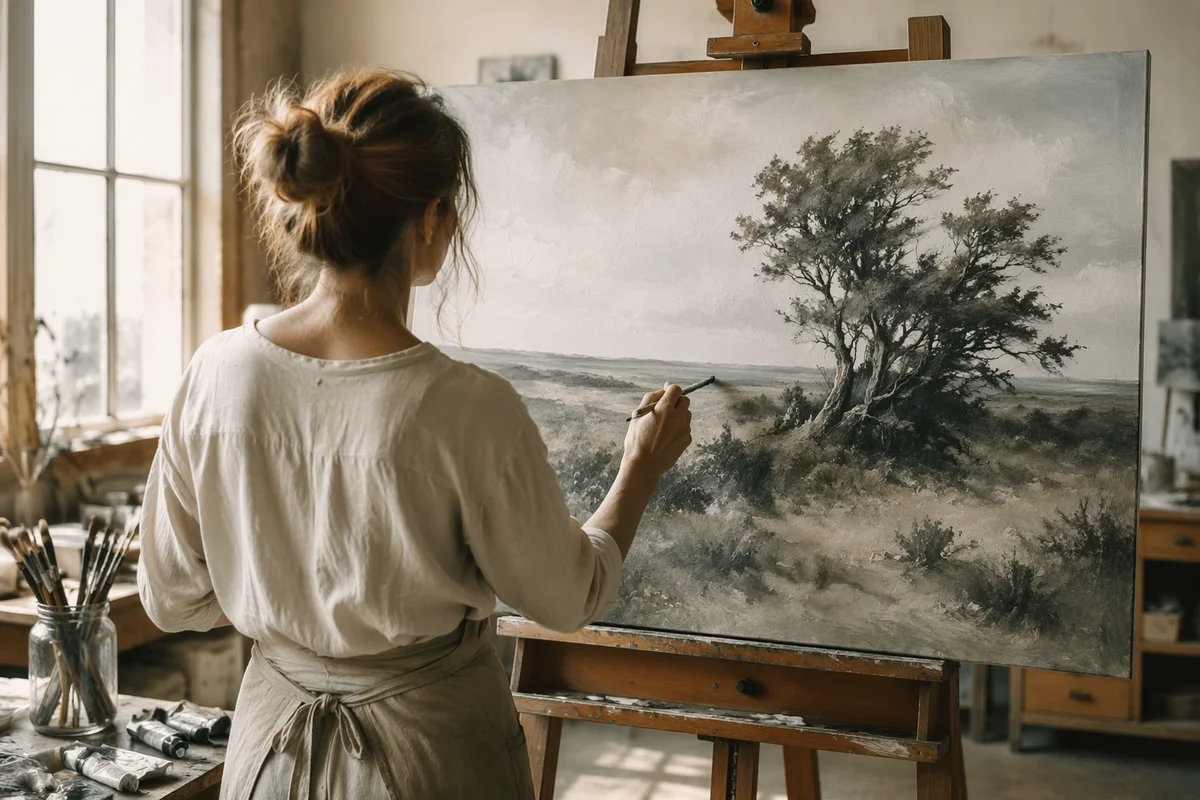 Artist Painting Landscape in Sunlit Studio