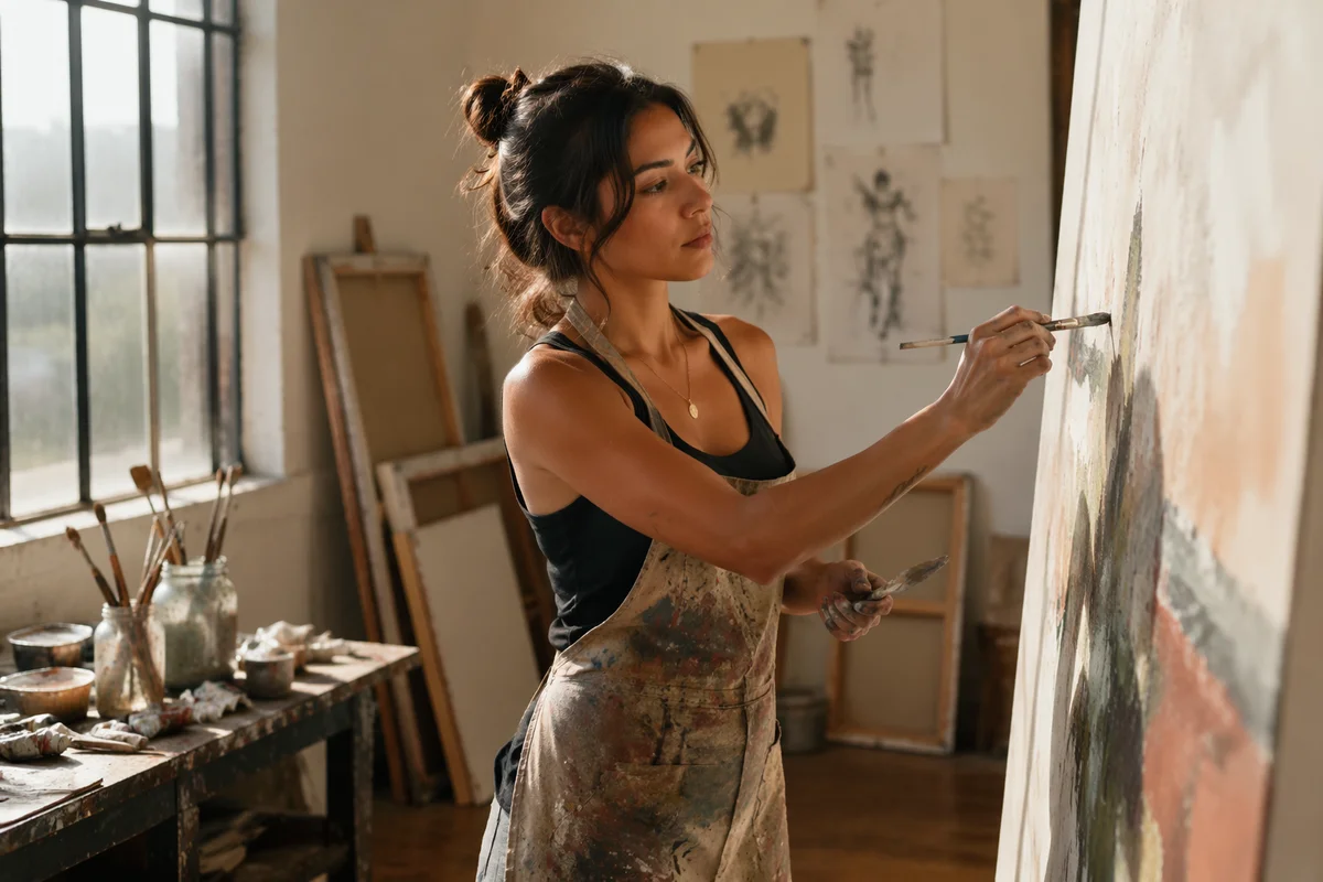 Young Woman Painting in Sunlit Studio