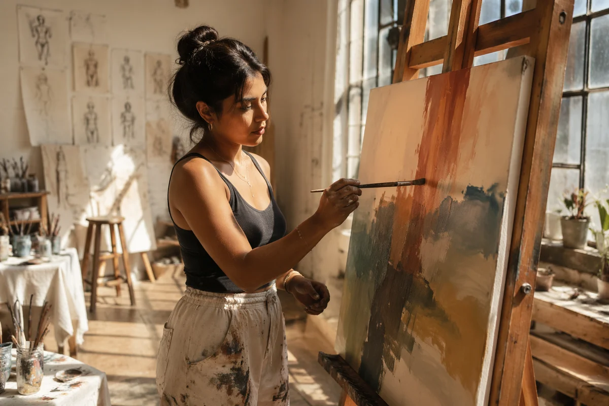 Young Woman Painting in Sunlit Studio