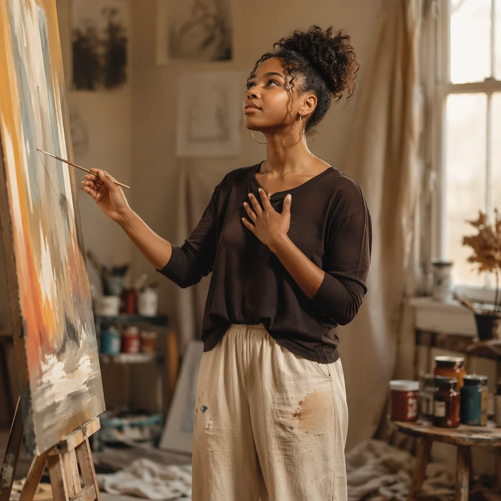 Young Woman Painting in Sunlit Studio