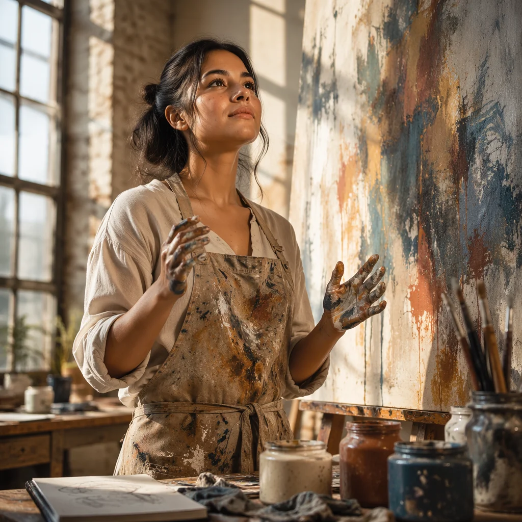 Young Woman Painting in Sunlit Studio
