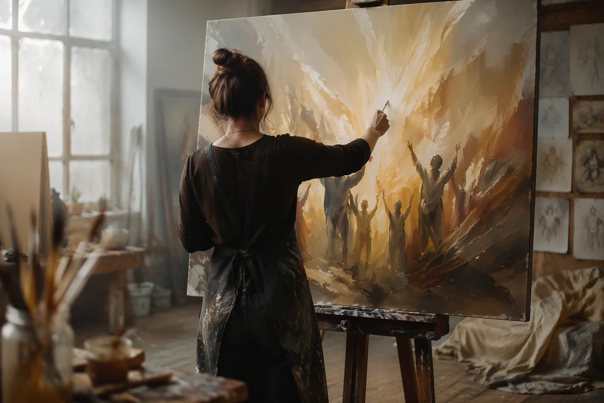 Artist Painting Abstract Canvas in Studio