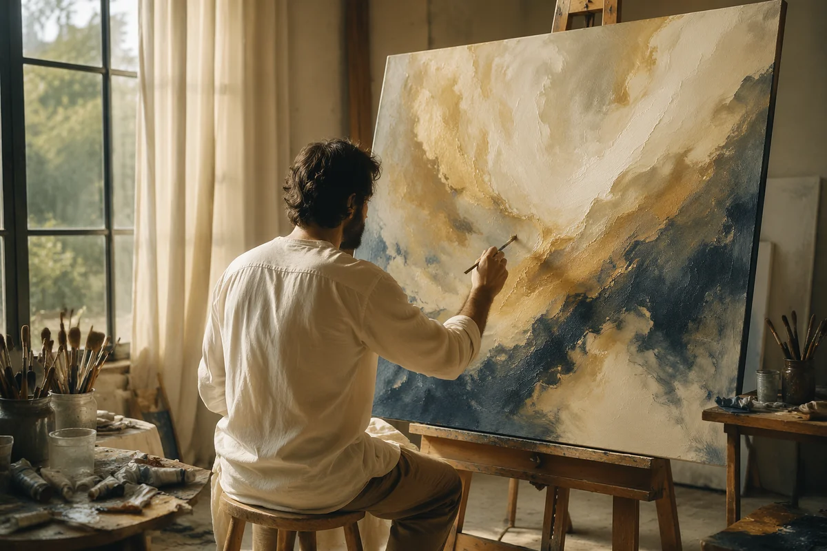 Artist Painting Large Abstract Canvas