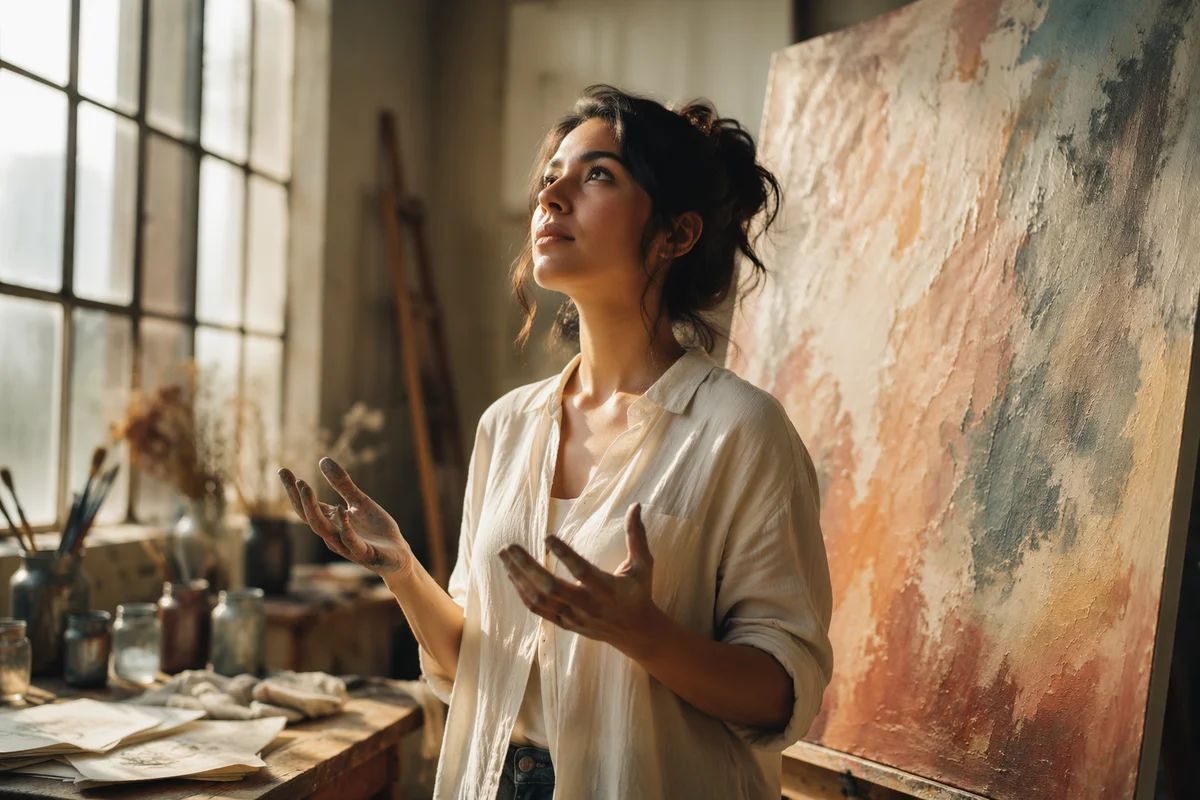 Woman Artist Painting in Sunlit Loft Studio