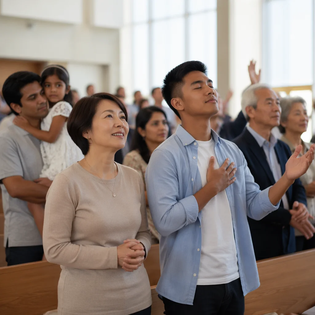 Diverse Asian Congregation in Modern Worship Hall