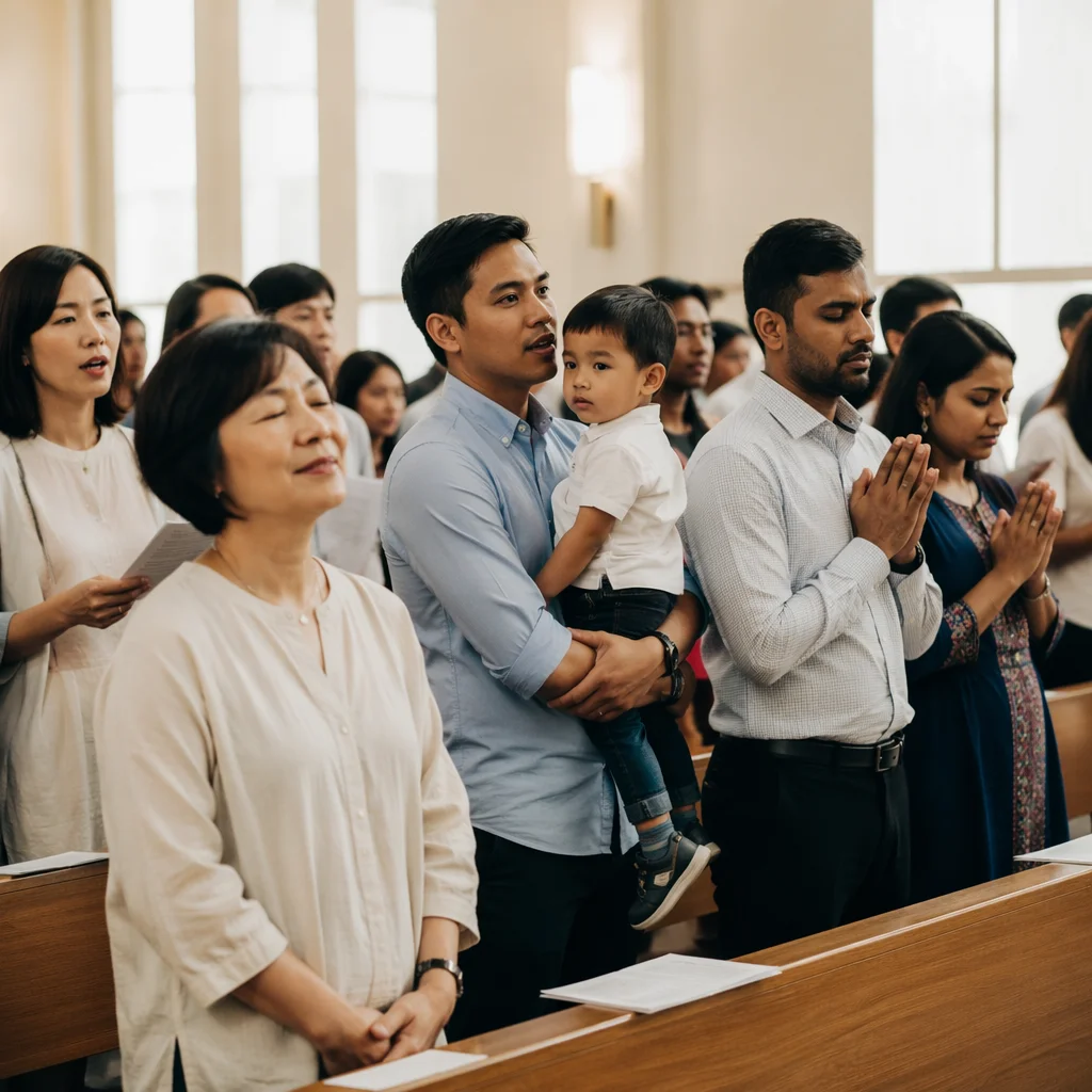 Diverse Asian Congregation in Bright Sanctuary