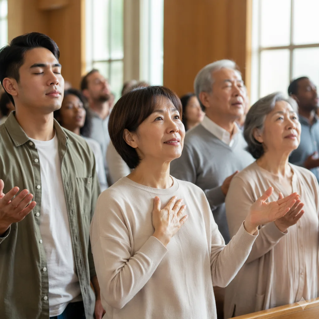 Diverse Asian Congregation in Bright Sanctuary