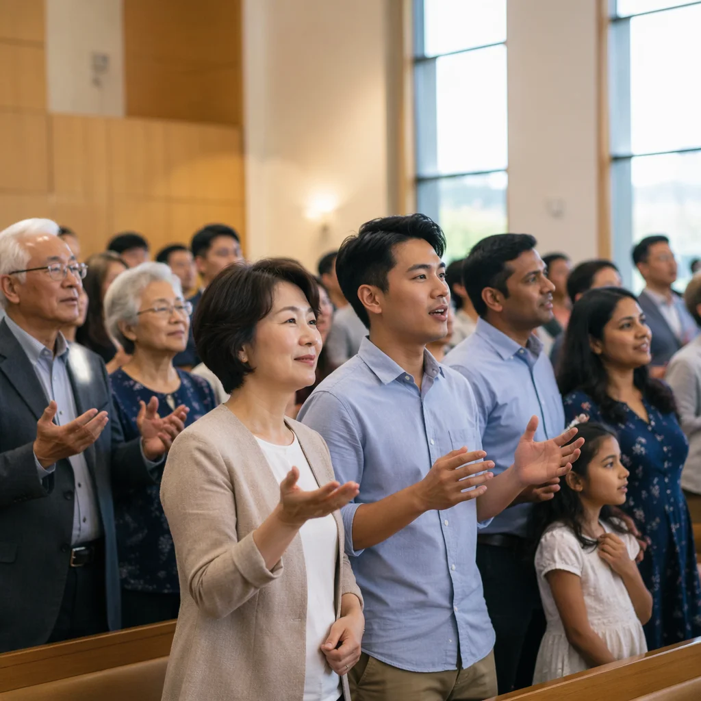 Diverse Asian Congregation in Modern Worship Hall