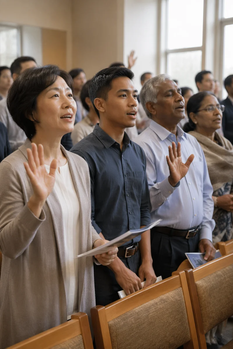 Asian Church Congregation Singing in Sanctuary