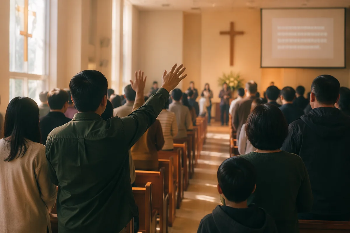 Diverse Congregation Worshiping in Church Aisle