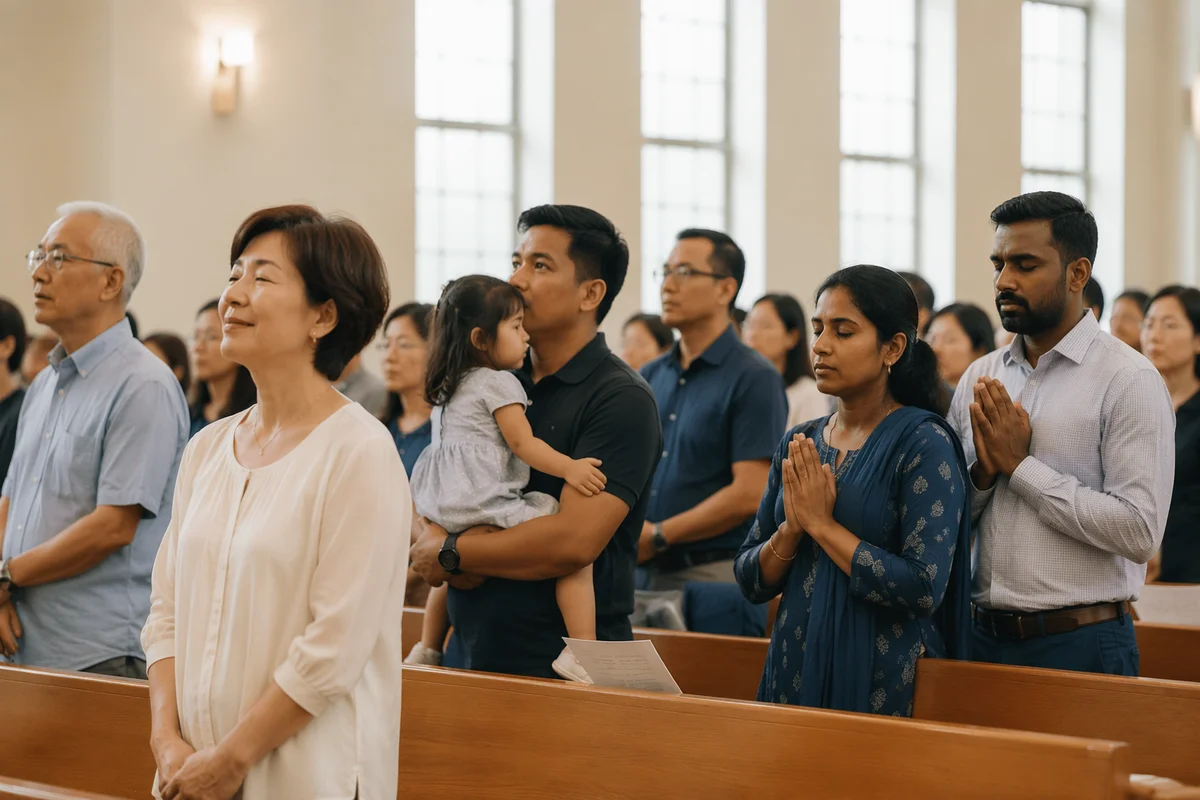 Asian Church Congregation in Morning Light
