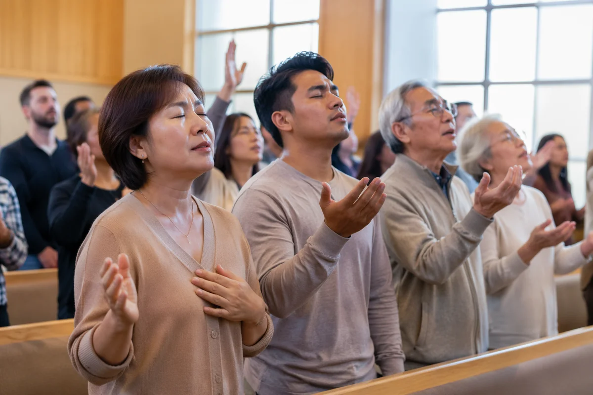 Diverse Asian Congregation in Bright Sanctuary