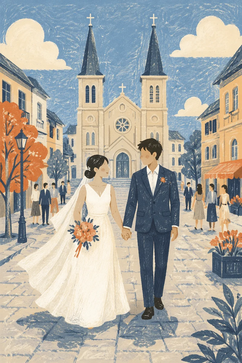 Asian Couple Leaving Church Wedding Ceremony