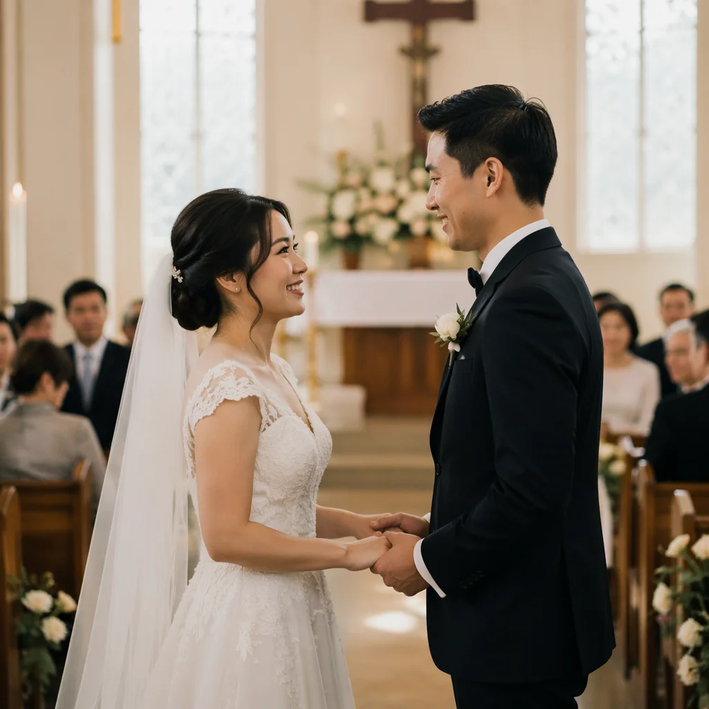 Joyful Asian Couple Church Wedding Ceremony