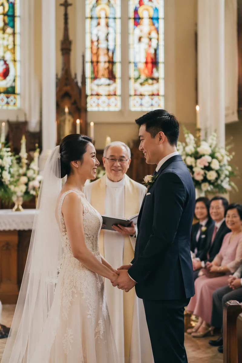 Asian Couple Wedding Ceremony in Church