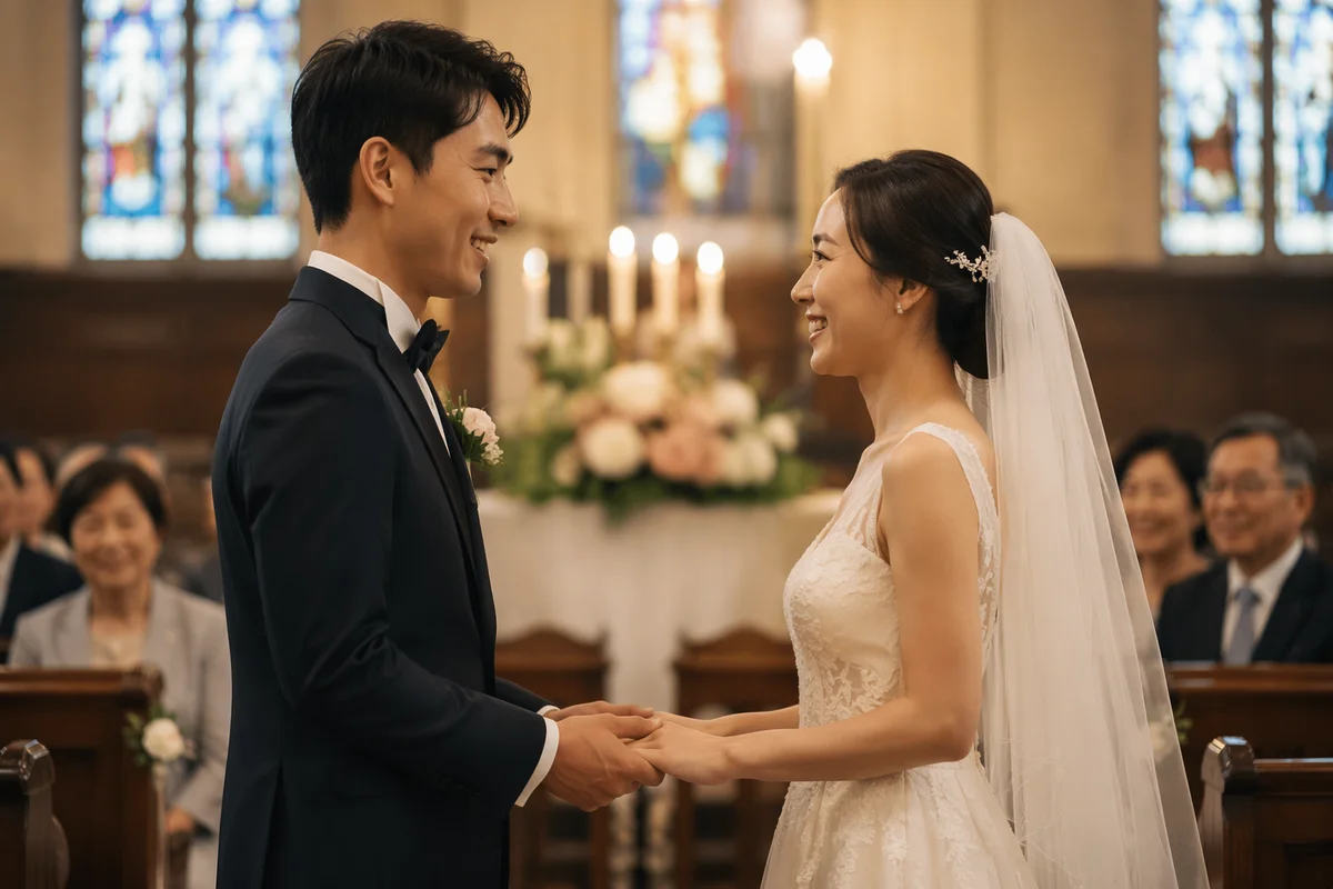 East Asian Couple at Church Wedding