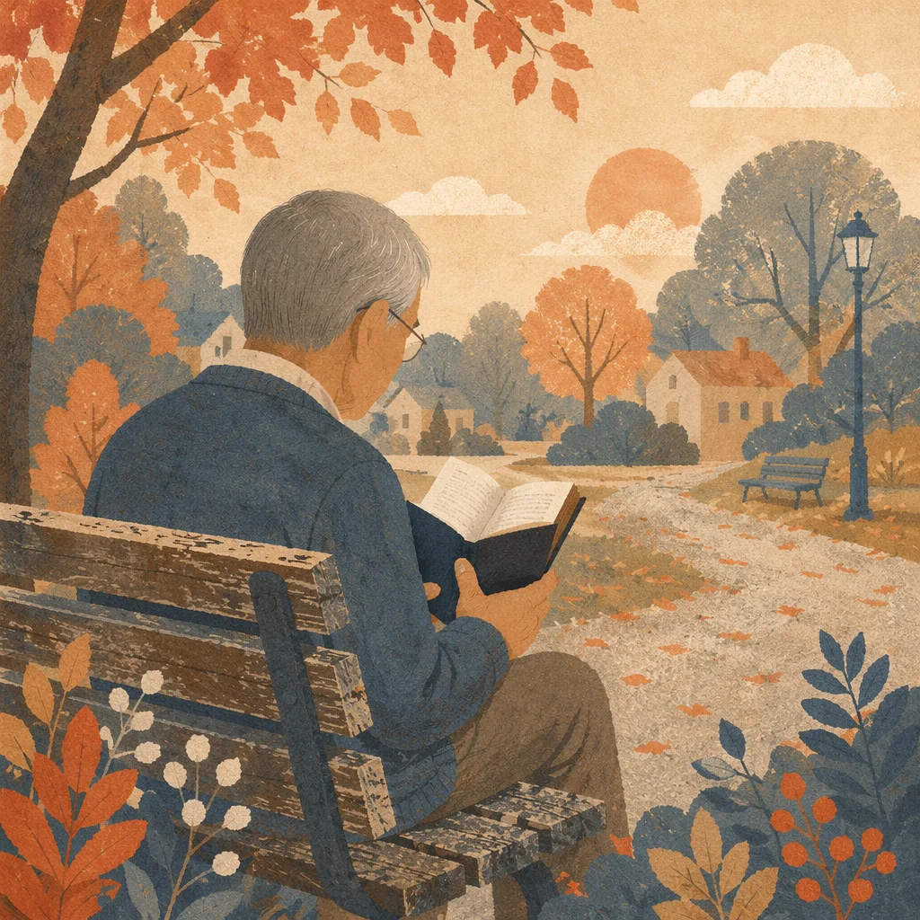 Elderly Asian Man Reading Bible in Park