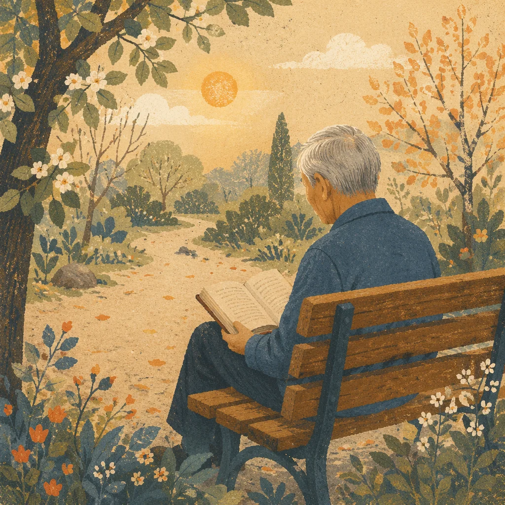 Elderly Asian Man Reading Bible in Park