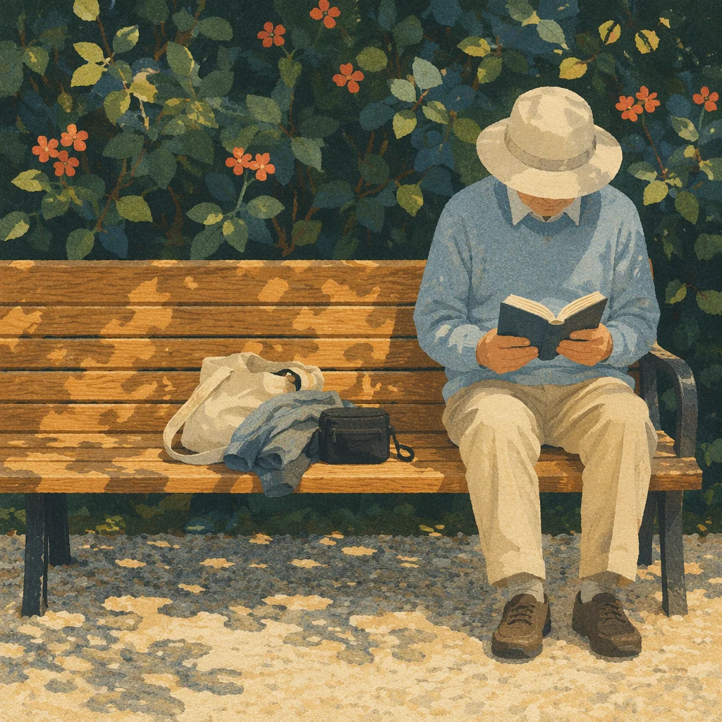Elderly Asian Man Reading Bible in Park