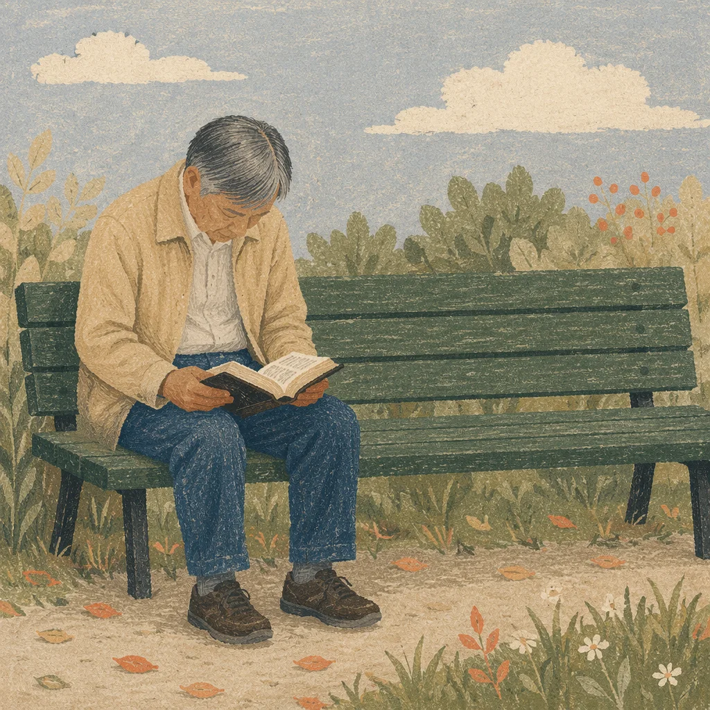 Elderly Asian Man Reading Bible Outdoors