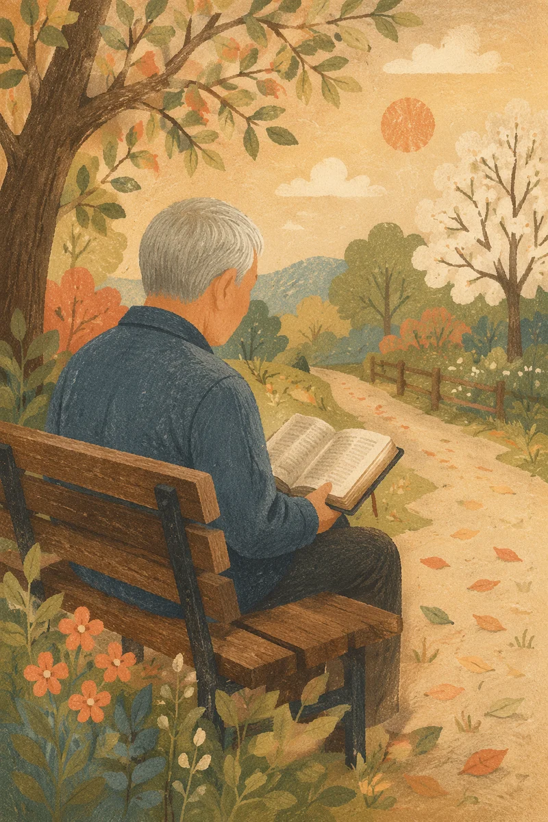 Elderly Asian Man Reading Bible in Park