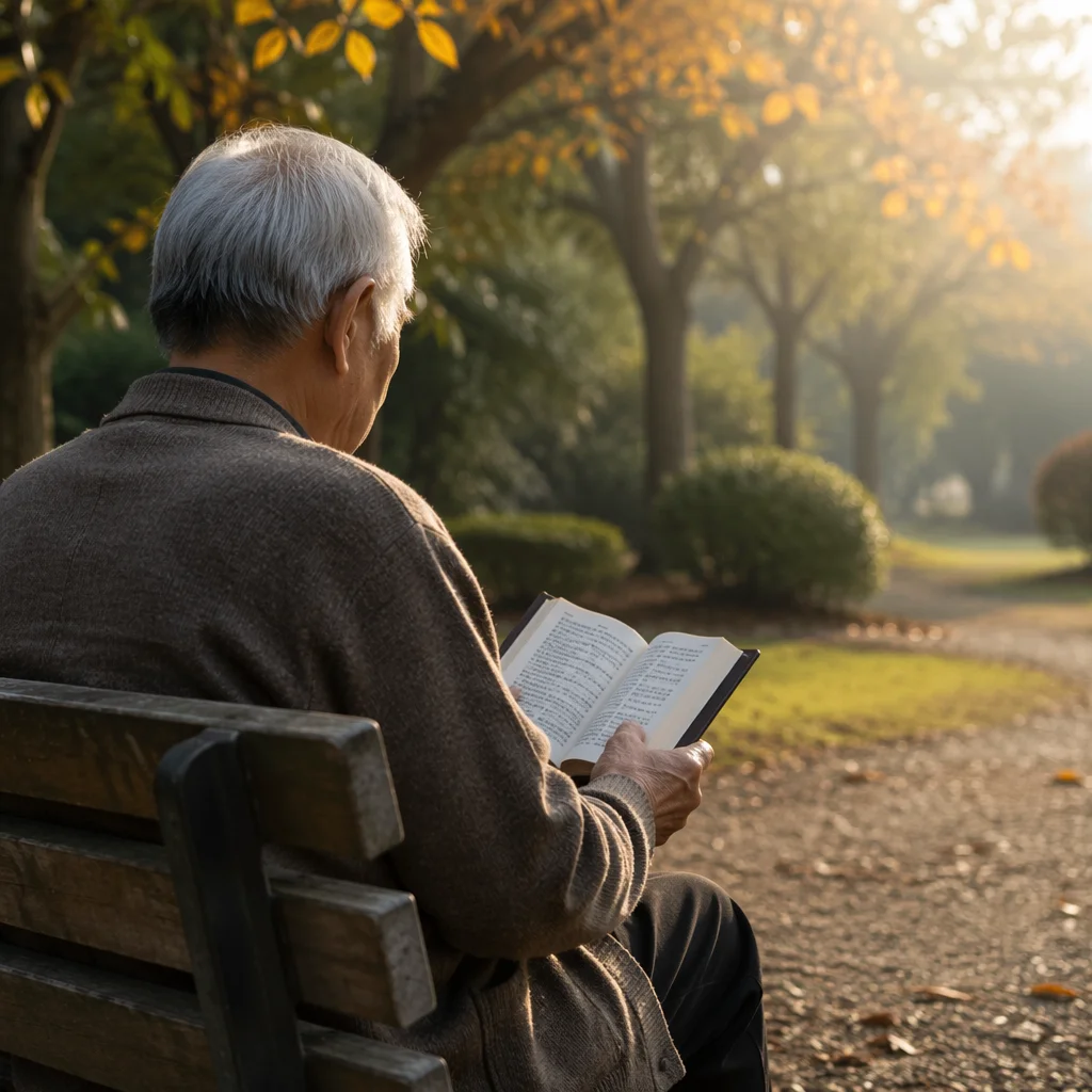 Elderly Asian Man Reading Bible in Park