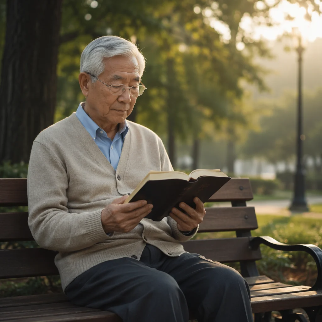 Elderly East Asian Man Reading Bible