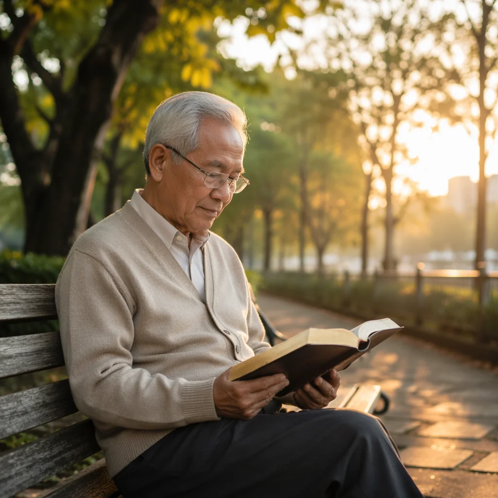 Elderly East Asian Man Reading Bible