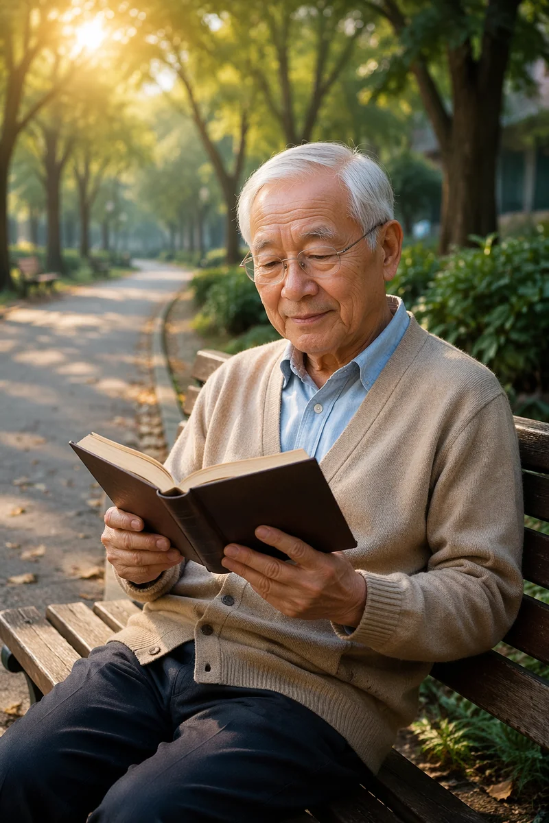Elderly Man Reading on Park Bench