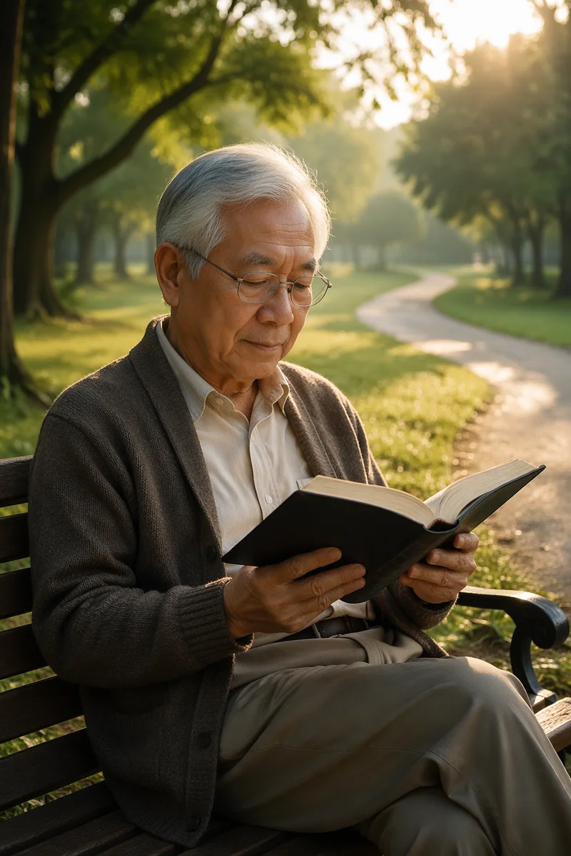 Elderly Asian Man Reading on Park Bench